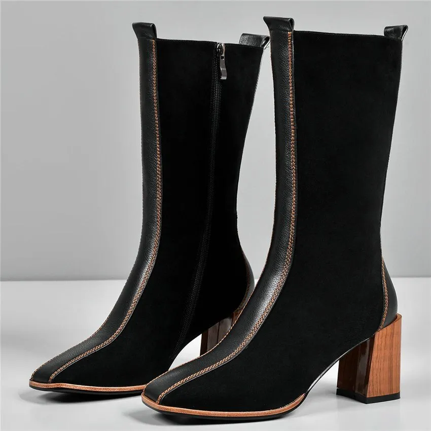 Women Cow Leather Square Toe Mid Calf Boots Chunky High Heel