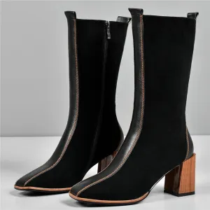 Women Cow Leather Square Toe Mid Calf Boots Chunky High Heel