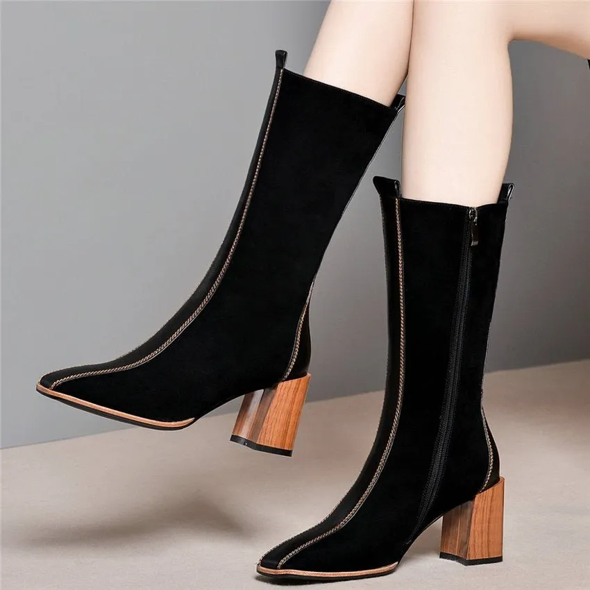 Women Cow Leather Square Toe Mid Calf Boots Chunky High Heel