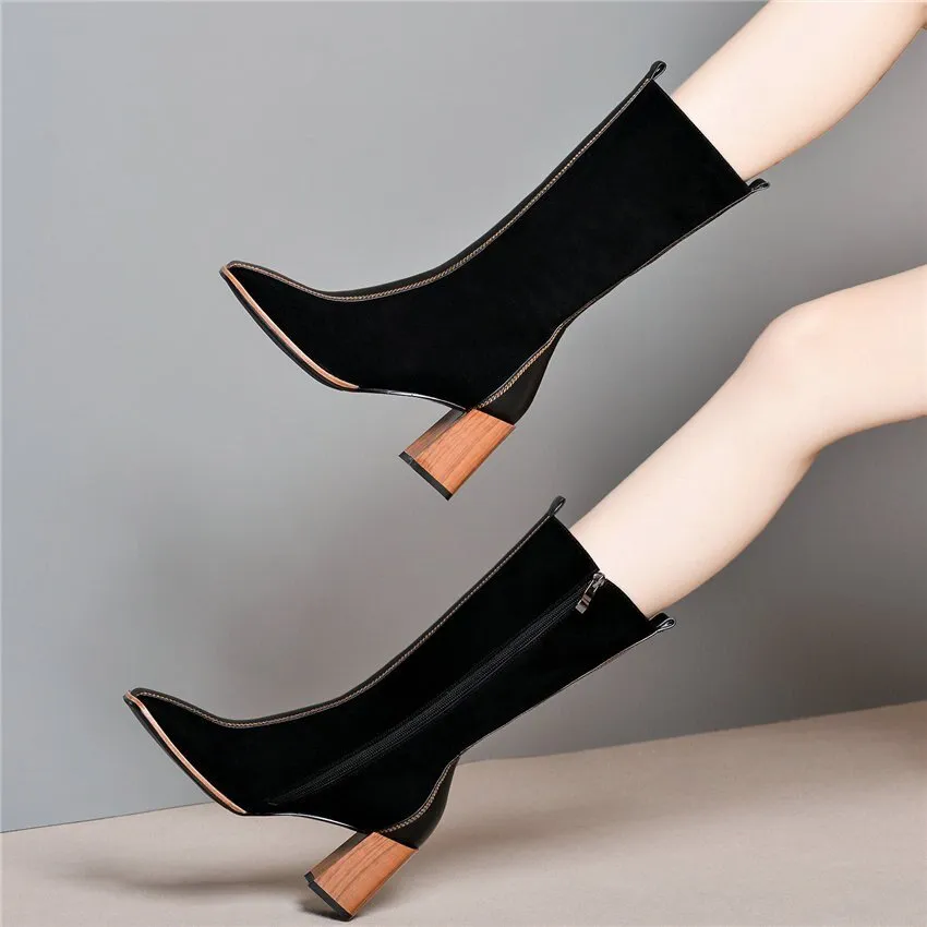 Women Cow Leather Square Toe Mid Calf Boots Chunky High Heel