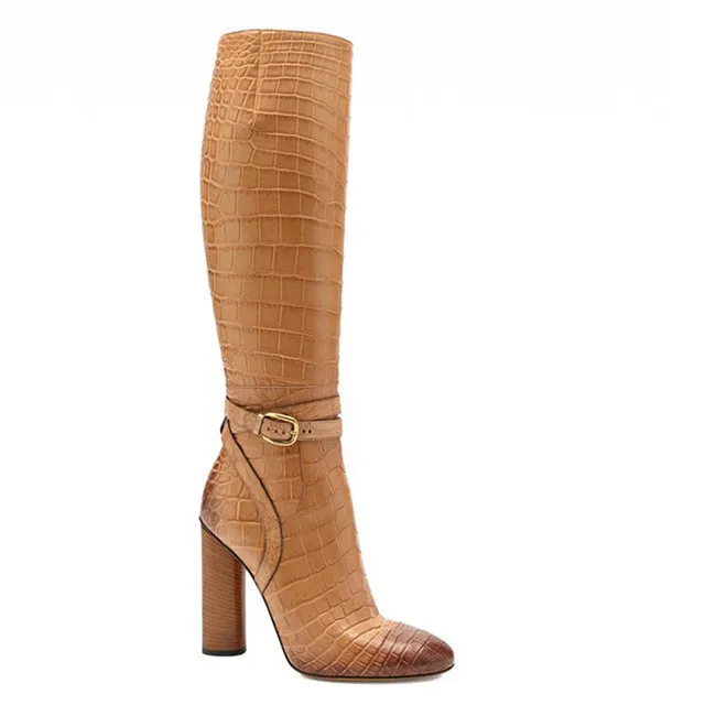 Women Sexy Snake Print High Heel Boots Crocodile Pattern Chunky Heel Round Toe Knee High Boots Ladies Winter Shoes Big Size