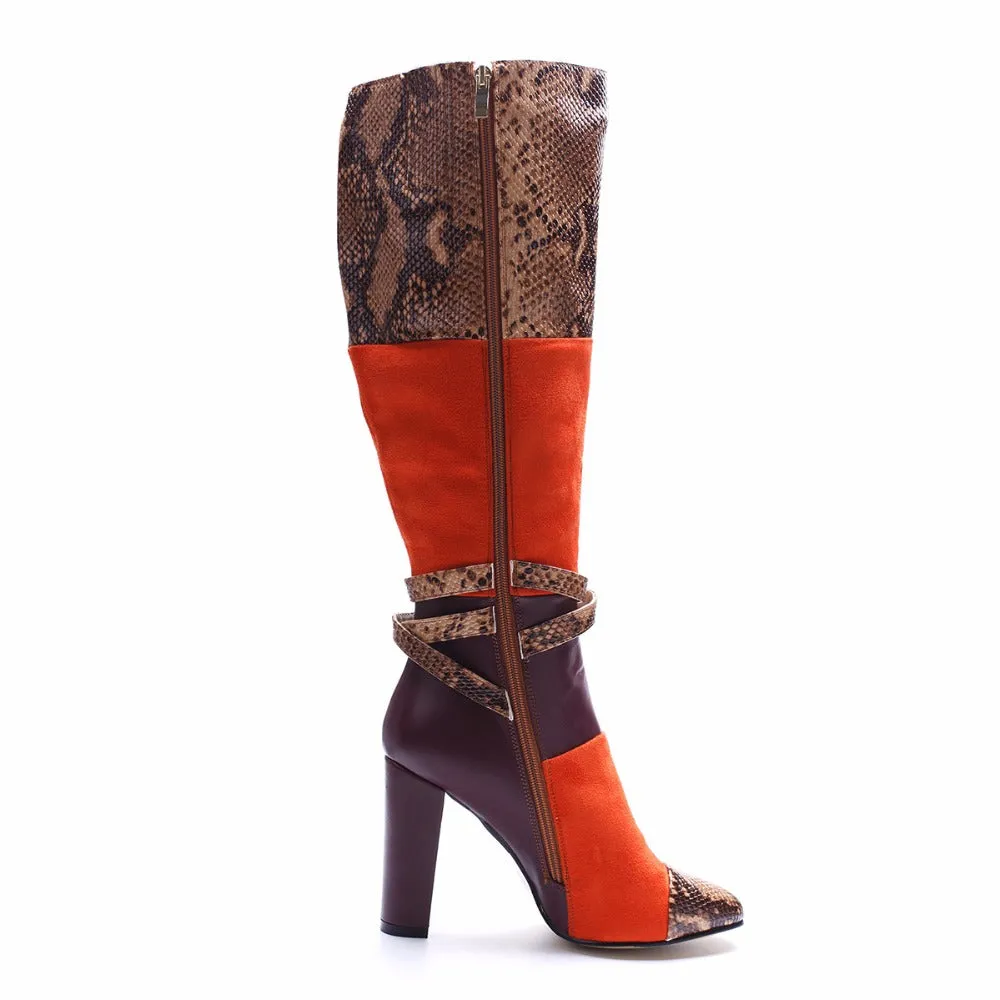 Women Sexy Snake Print High Heel Boots Crocodile Pattern Chunky Heel Round Toe Knee High Boots Ladies Winter Shoes Big Size