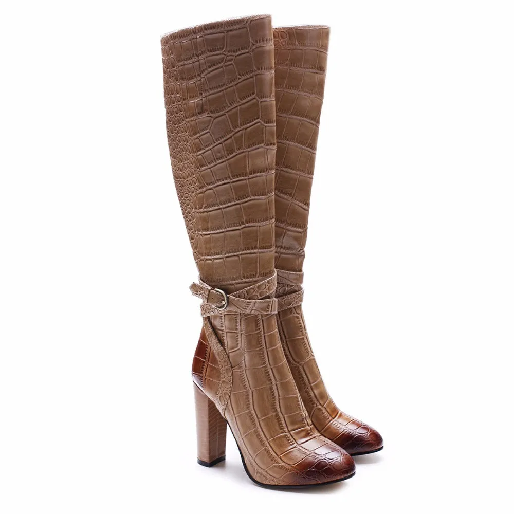 Women Sexy Snake Print High Heel Boots Crocodile Pattern Chunky Heel Round Toe Knee High Boots Ladies Winter Shoes Big Size