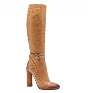 Women Sexy Snake Print High Heel Boots Crocodile Pattern Chunky Heel Round Toe Knee High Boots Ladies Winter Shoes Big Size