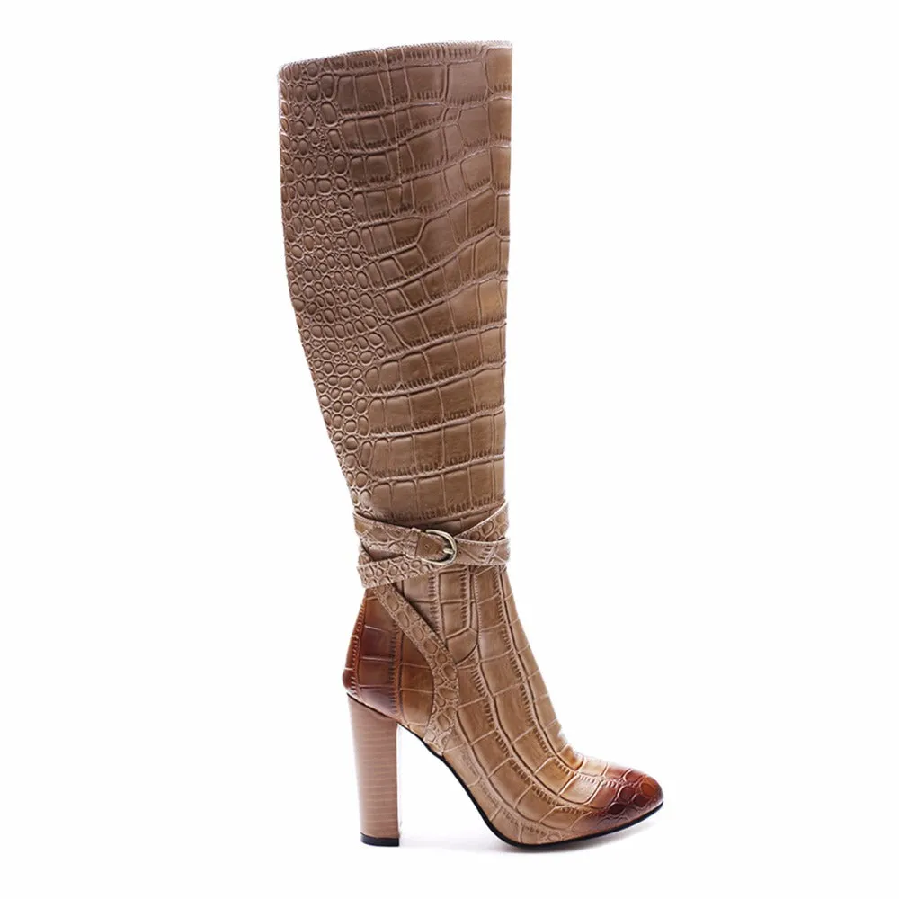 Women Sexy Snake Print High Heel Boots Crocodile Pattern Chunky Heel Round Toe Knee High Boots Ladies Winter Shoes Big Size