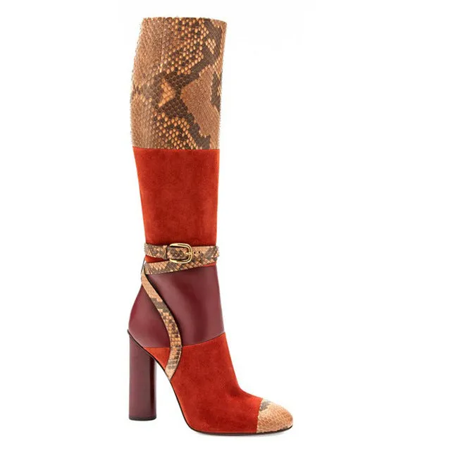 Women Sexy Snake Print High Heel Boots Crocodile Pattern Chunky Heel Round Toe Knee High Boots Ladies Winter Shoes Big Size