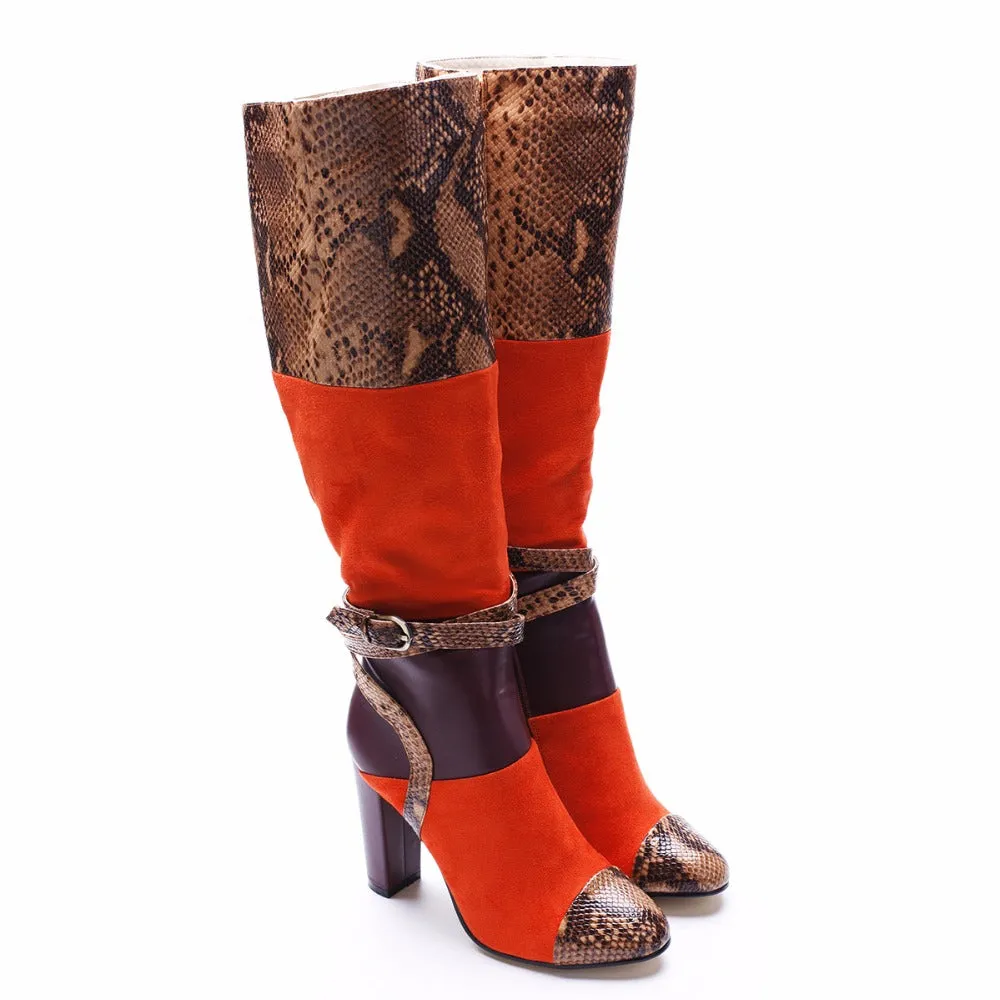 Women Sexy Snake Print High Heel Boots Crocodile Pattern Chunky Heel Round Toe Knee High Boots Ladies Winter Shoes Big Size