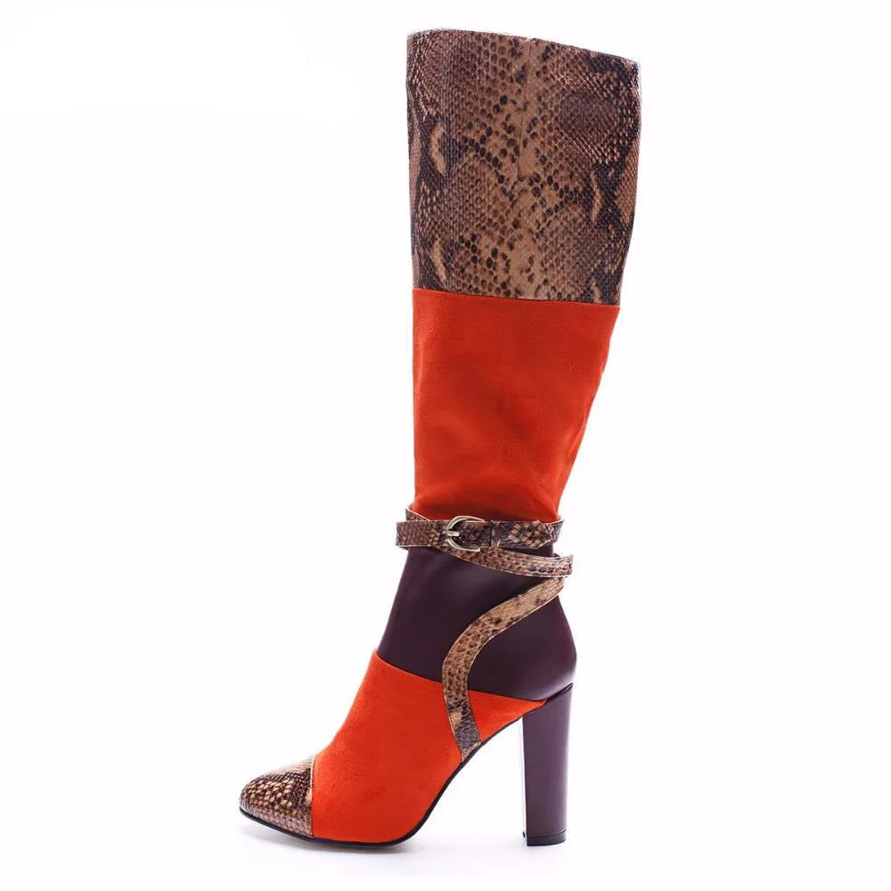 Women Sexy Snake Print High Heel Boots Crocodile Pattern Chunky Heel Round Toe Knee High Boots Ladies Winter Shoes Big Size