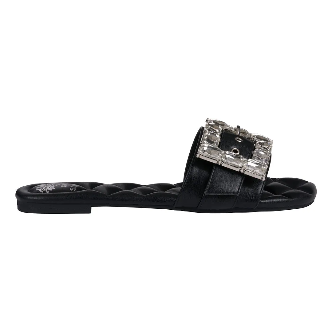 Women's Bianca Black Rhinestone Buckle Flat Sandals