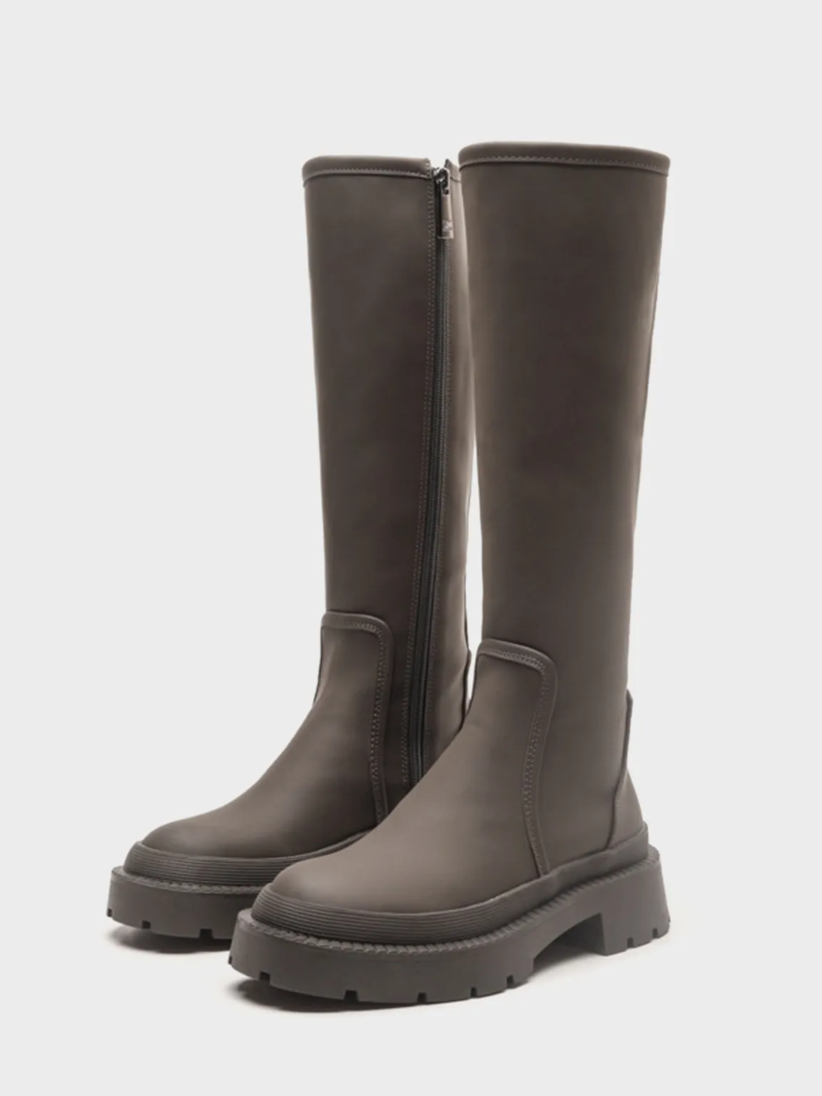 Women's Mid-block Round Toe Chunky Sole Rubberized Flatform Boots Zip Closure
