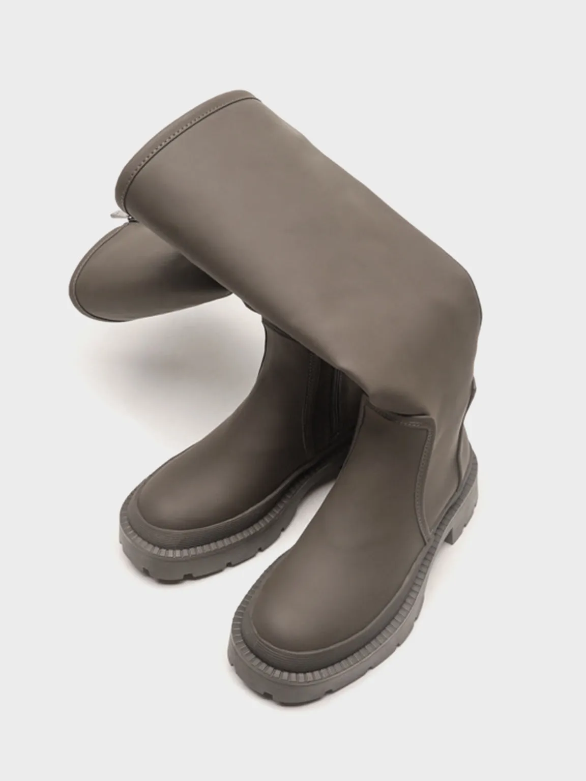 Women's Mid-block Round Toe Chunky Sole Rubberized Flatform Boots Zip Closure