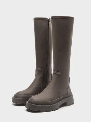 Women's Mid-block Round Toe Chunky Sole Rubberized Flatform Boots Zip Closure