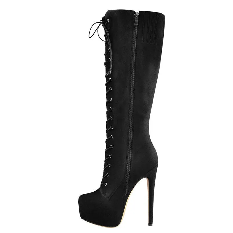 Women's Round Toe Stiletto Platform Zipper Knee High Boots16CM High Heel Pattern Lace Up Plus Size Boots For Winter