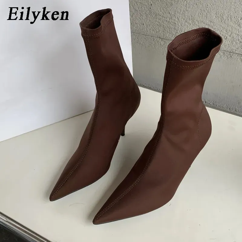 Women's Stretch Fabric Ankle Boots Pointed Toe High Heels Fashion Pump Boots