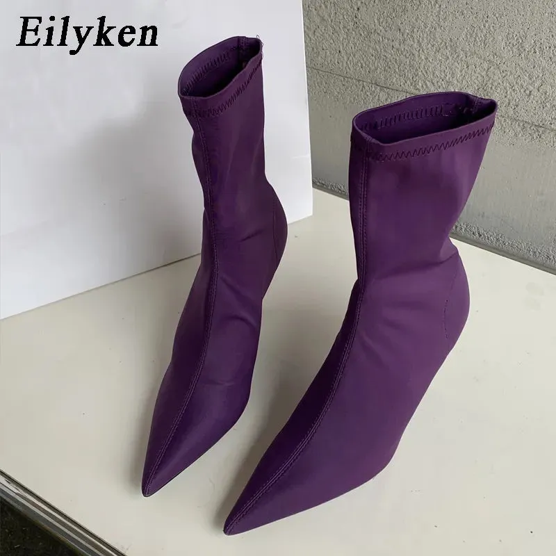 Women's Stretch Fabric Ankle Boots Pointed Toe High Heels Fashion Pump Boots