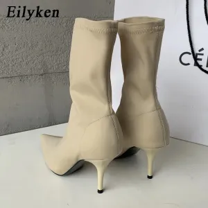 Women's Stretch Fabric Ankle Boots Pointed Toe High Heels Fashion Pump Boots