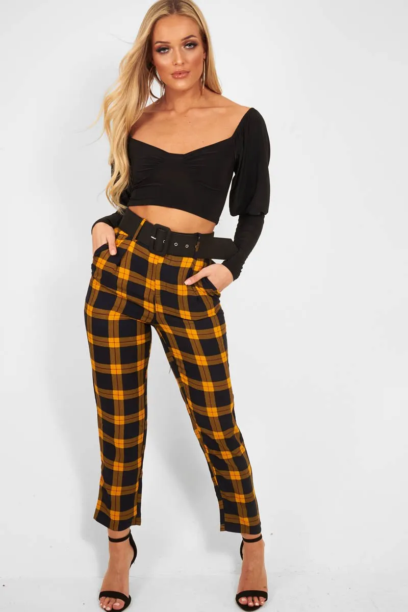 Yellow Check Belted Tapered Trousers - Reanne