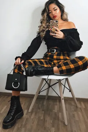 Yellow Check Belted Tapered Trousers - Reanne