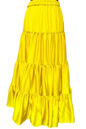 Yellow Tiered Silk Ankle Length Skirt Comfortable Elastic Waist Flared Layer