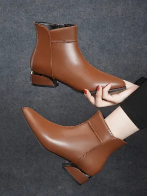 Zipper Side Point Toe Chunky Heeled Boots - Brown